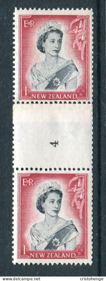 New Zealand 1953-59 QEII Definitives - Coil Pairs - 1/- Black & Carmine - Vertical - Reading Upwards - No. 4 - LHM - Unused Stamps