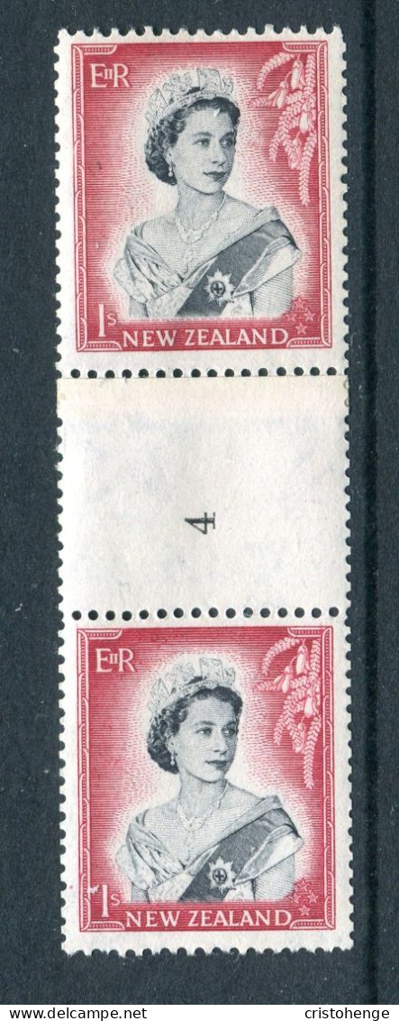 New Zealand 1953-59 QEII Definitives - Coil Pairs - 1/- Black & Carmine - Vertical - Reading Upwards - No. 4 - LHM - Ungebraucht