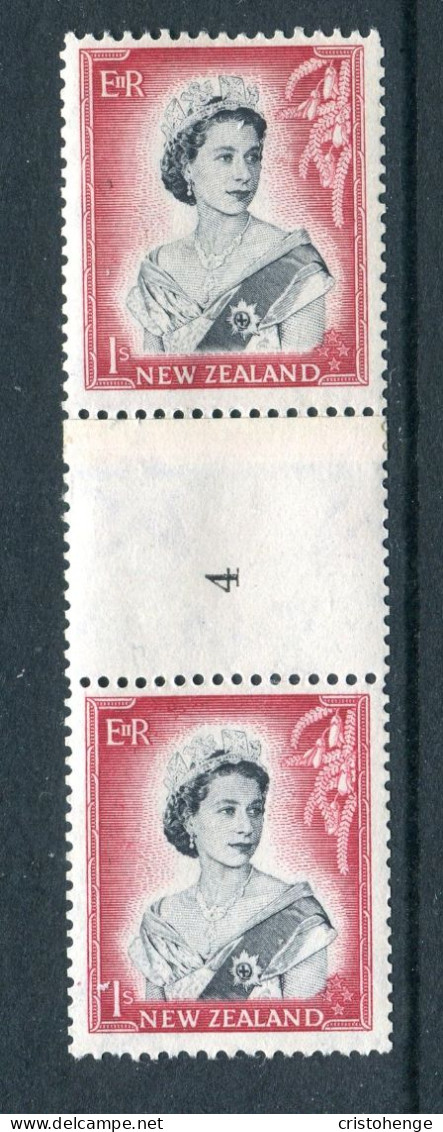 New Zealand 1953-59 QEII Definitives - Coil Pairs - 1/- Black & Carmine - Vertical - Reading Upwards - No. 4 - LHM - Unused Stamps