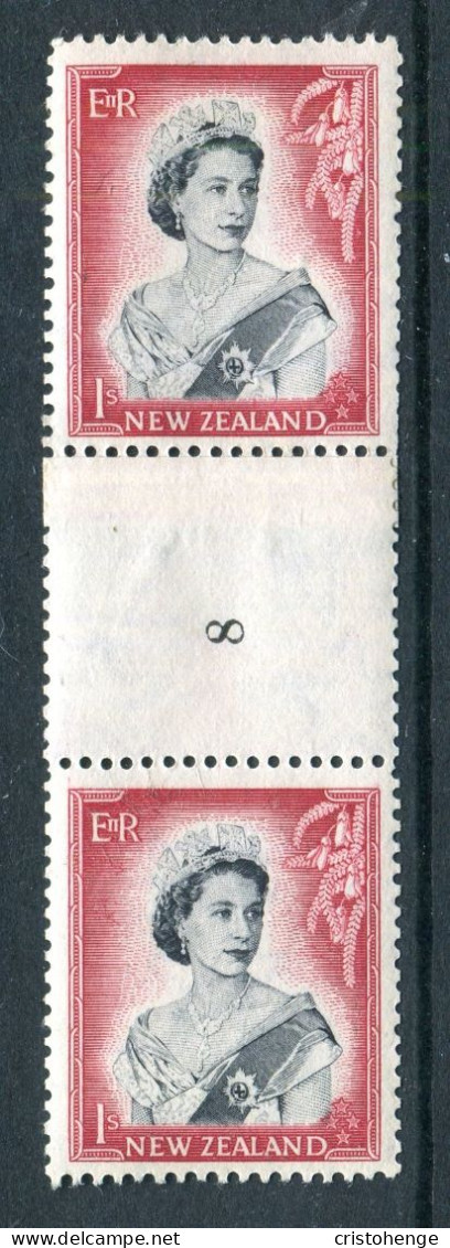 New Zealand 1953-59 QEII Definitives - Coil Pairs - 1/- Black & Carmine - Vertical - Reading Upwards - No. 8 - LHM - Unused Stamps
