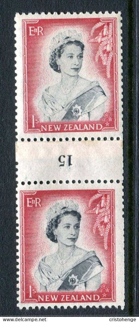 New Zealand 1953-59 QEII Definitives - Coil Pairs - 1/- Black & Carmine - Vertical - Reading Inverted - No. 15 - LHM - Unused Stamps