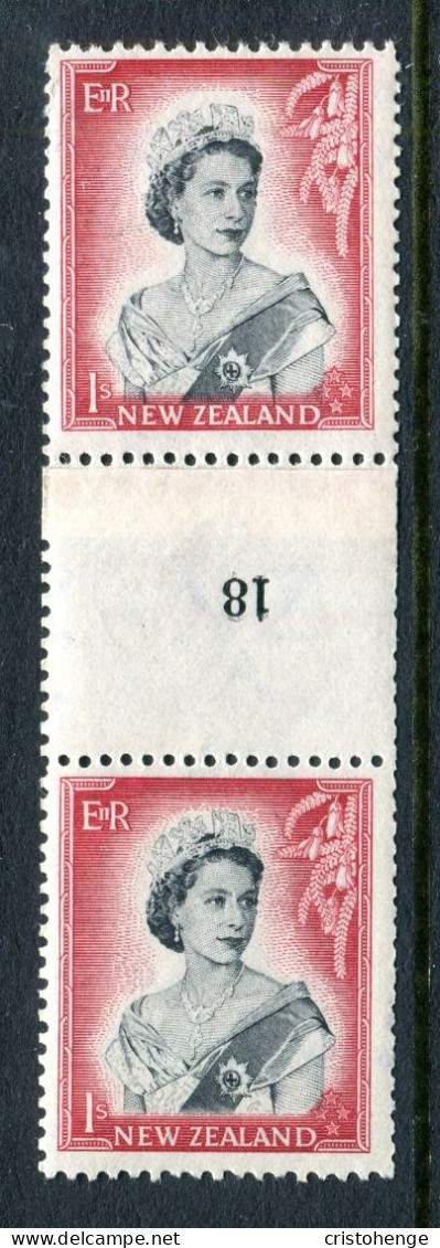 New Zealand 1953-59 QEII Definitives - Coil Pairs - 1/- Black & Carmine - Vertical - Reading Inverted - No. 18 - LHM - Unused Stamps