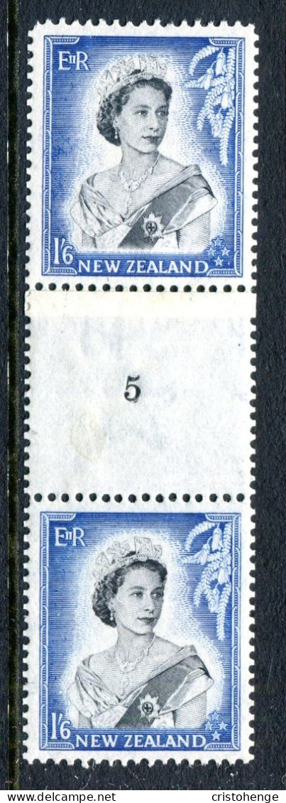 New Zealand 1953-59 QEII Definitives - Coil Pairs - 1/6 Black & Ultramarine - Vertical - Reading Upright - No. 5 - LHM - Unused Stamps