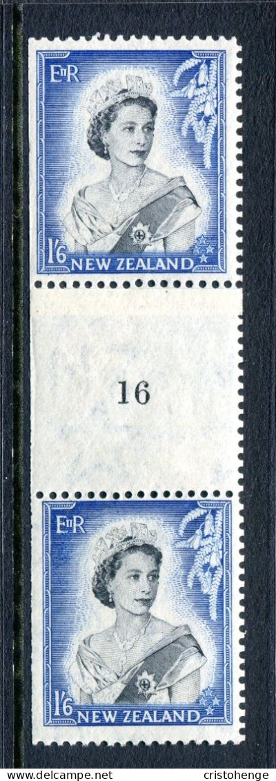 New Zealand 1953-59 QEII Definitives - Coil Pairs - 1/6 Black & Ultramarine - Vertical - Reading Upright - No. 16 - LHM - Unused Stamps