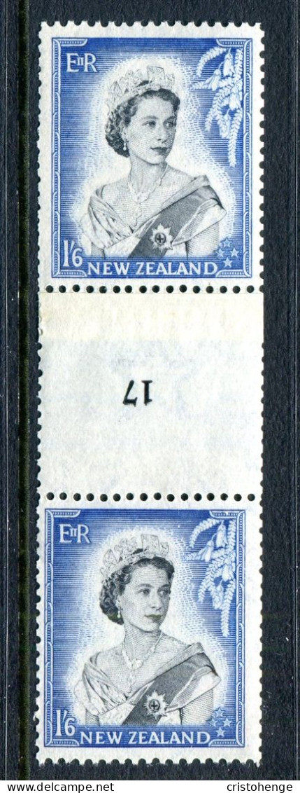 New Zealand 1953-59 QEII Definitives - Coil Pairs - 1/6 Black & Ultramarine - Vertical - Reading Inverted - No. 17 - LHM - Neufs