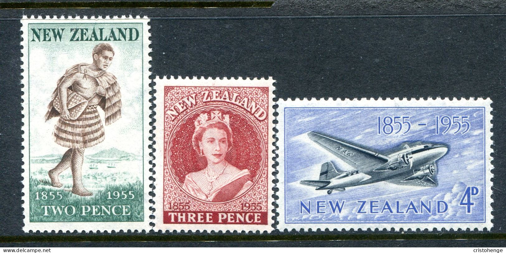 New Zealand 1955 Centenary Of First New Zealand Postage Stamps Set HM (SG 739-741) - Unused Stamps