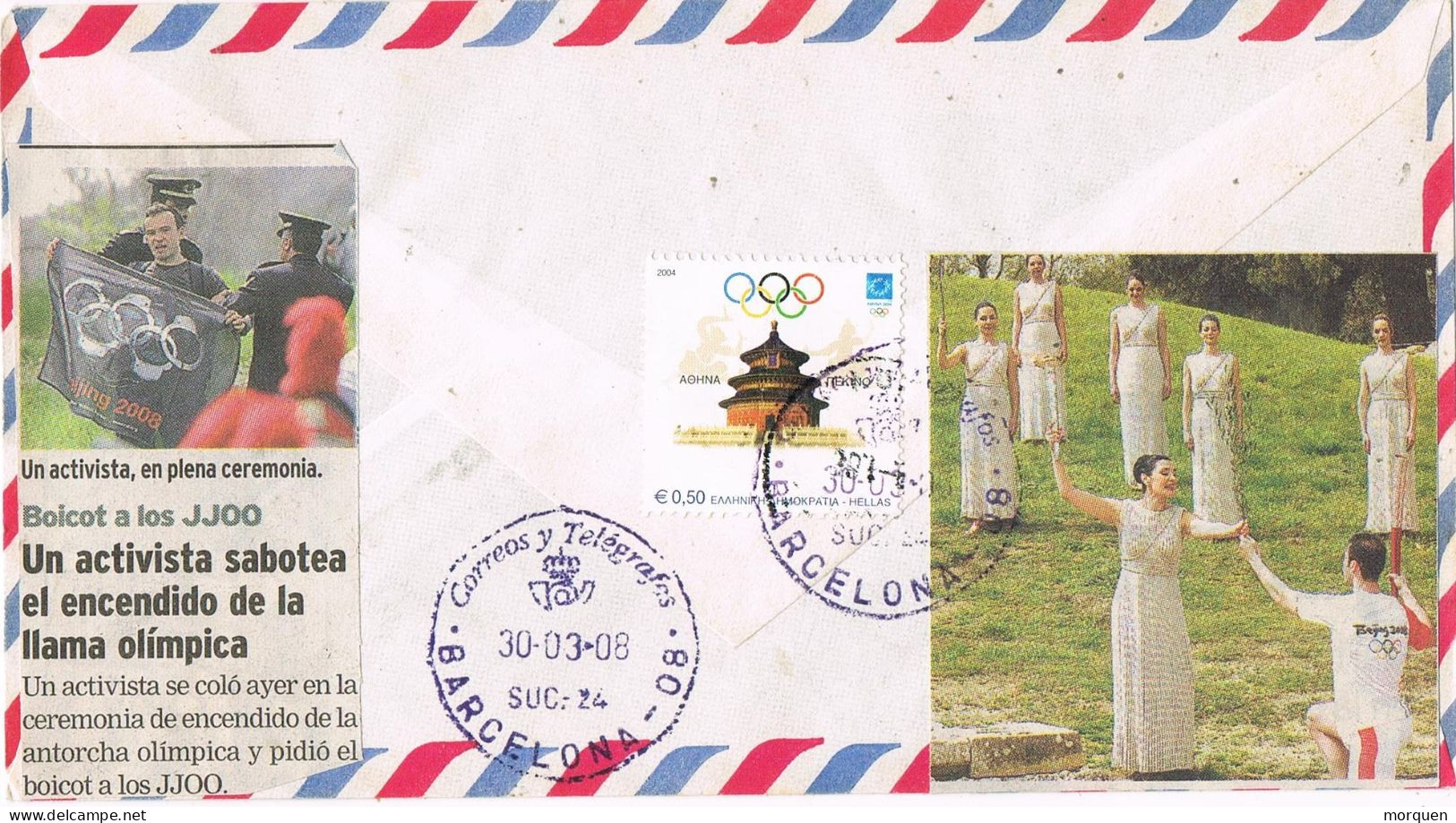 49935. Carta Aerea OLIMPIA (Grecia) 2008 A Barcelona. Olimpiada. LLama Olimpica - Cartas & Documentos