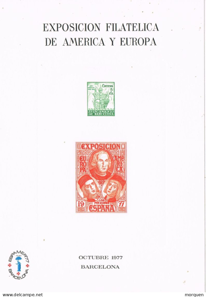 49939. Dos Hojitas Tarjeta Souvenir Viñetas BARCELONA 1977. ESPAMER 77. COLON ** - Variétés & Curiosités