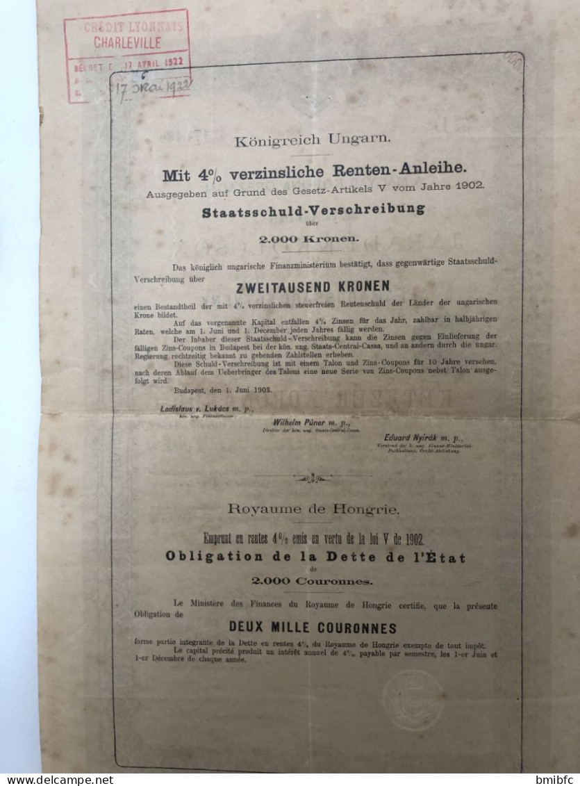 A MAGYAR KORONA ORSZAGAI - ROYAUME De HONGRIE Emprunt En Rente 4% émis En Vertu De La Loi V De 1902 - G - I