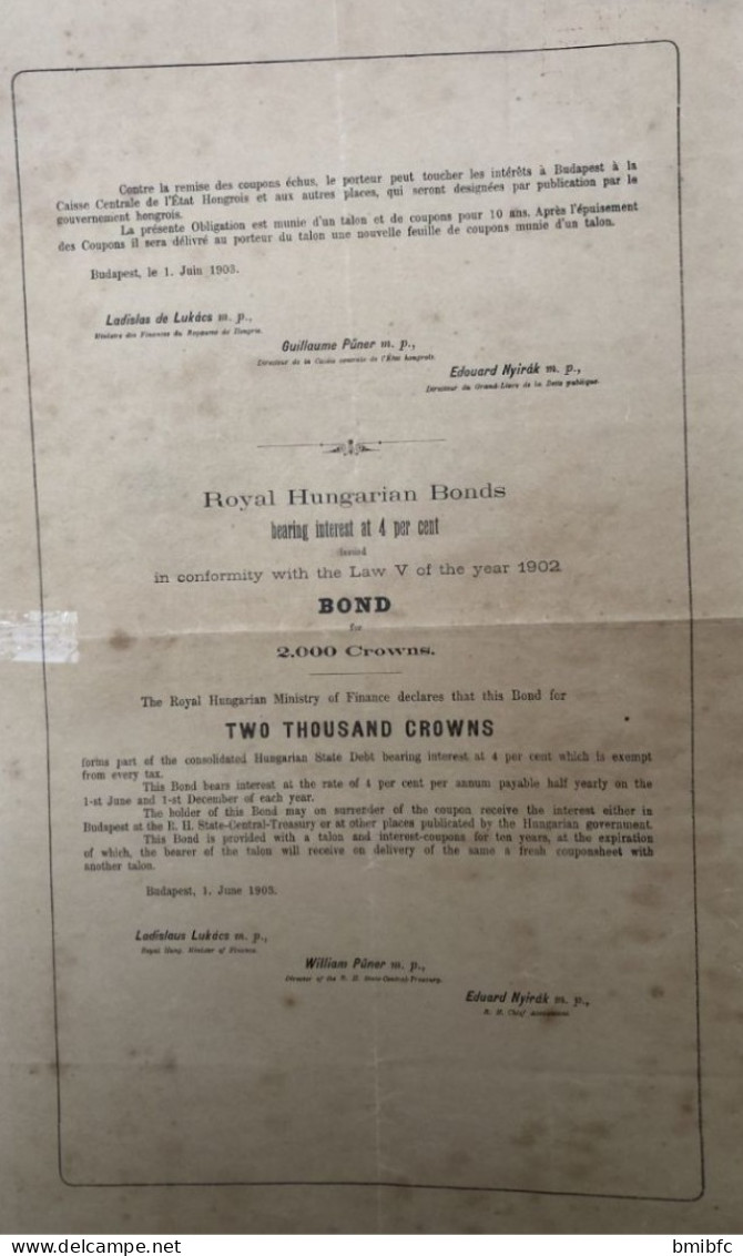 A MAGYAR KORONA ORSZAGAI - ROYAUME de HONGRIE Emprunt en rente 4% émis en vertu de la loi V de 1902