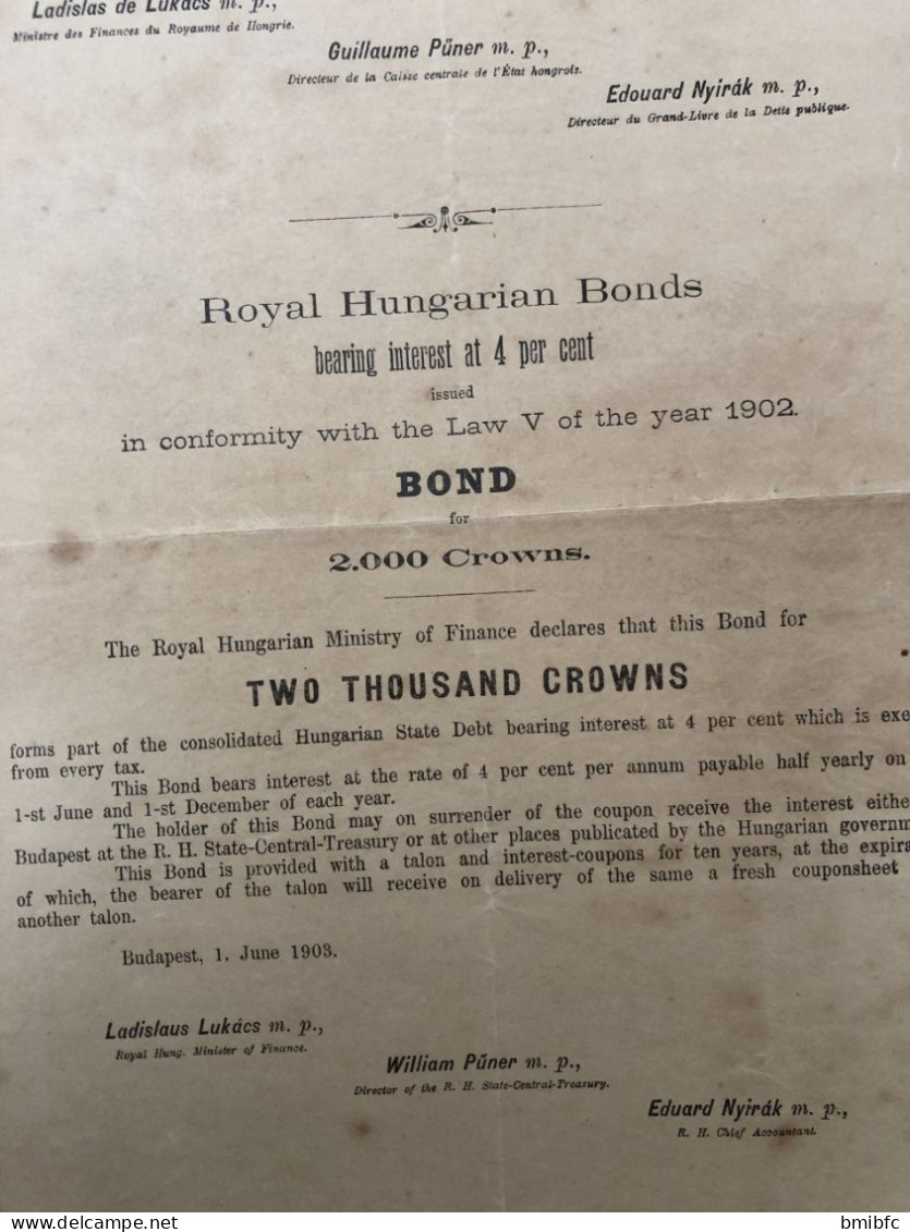 A MAGYAR KORONA ORSZAGAI - ROYAUME de HONGRIE Emprunt en rente 4% émis en vertu de la loi V de 1902