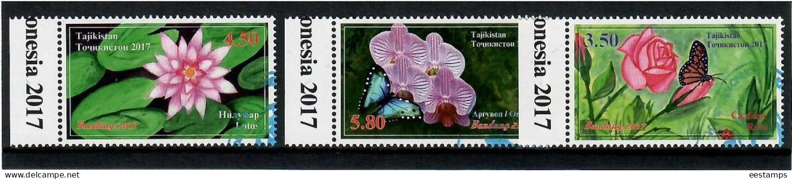Tajikistan 2017 . Flowers And Butterflies. 3v. Michel # 674-66  (oo). - Tayikistán