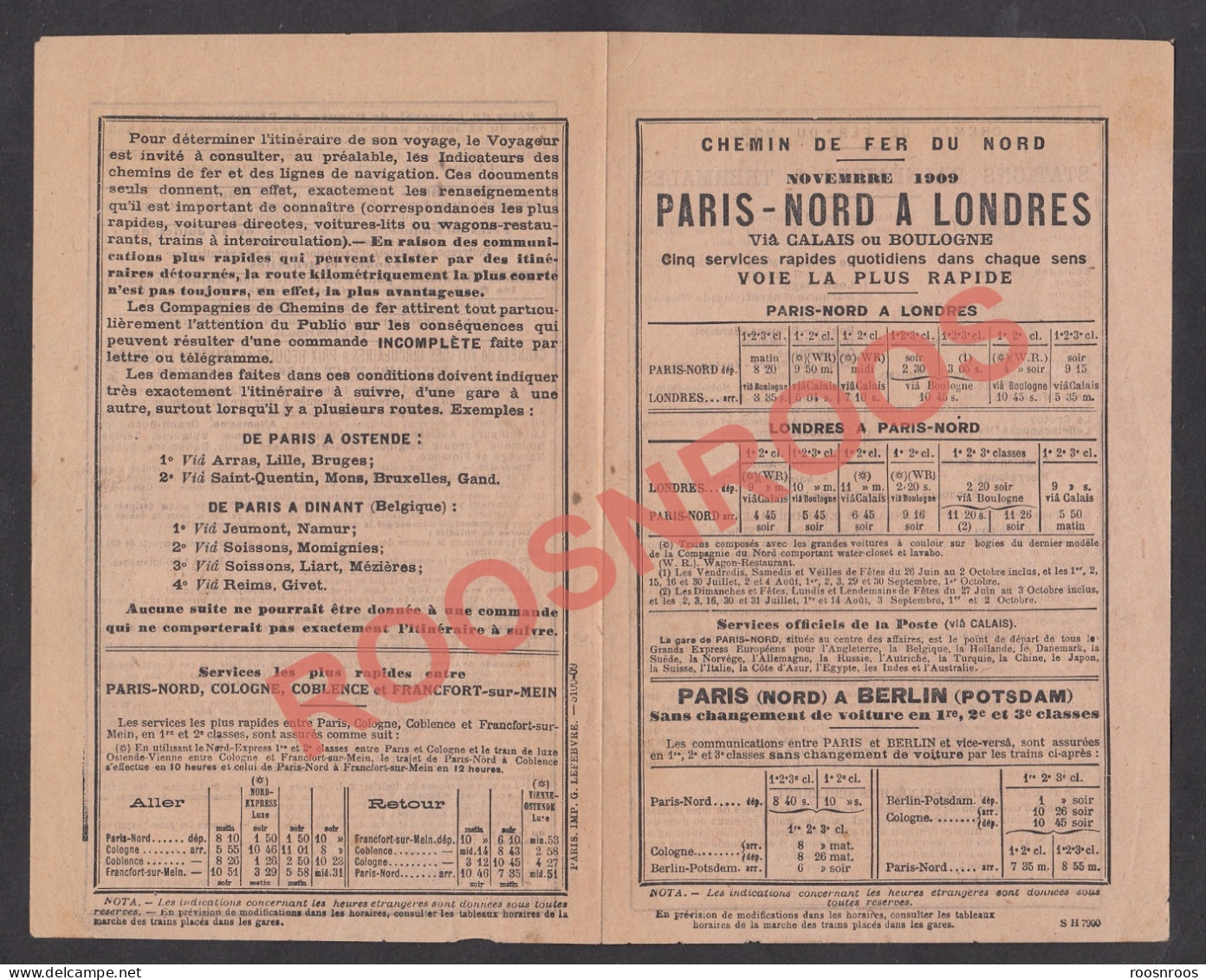 HORAIRE DES CHEMINS DE FER DU NORD 1909 - DE PARIS NORD A LONDRES ET A BERLIN - Europe