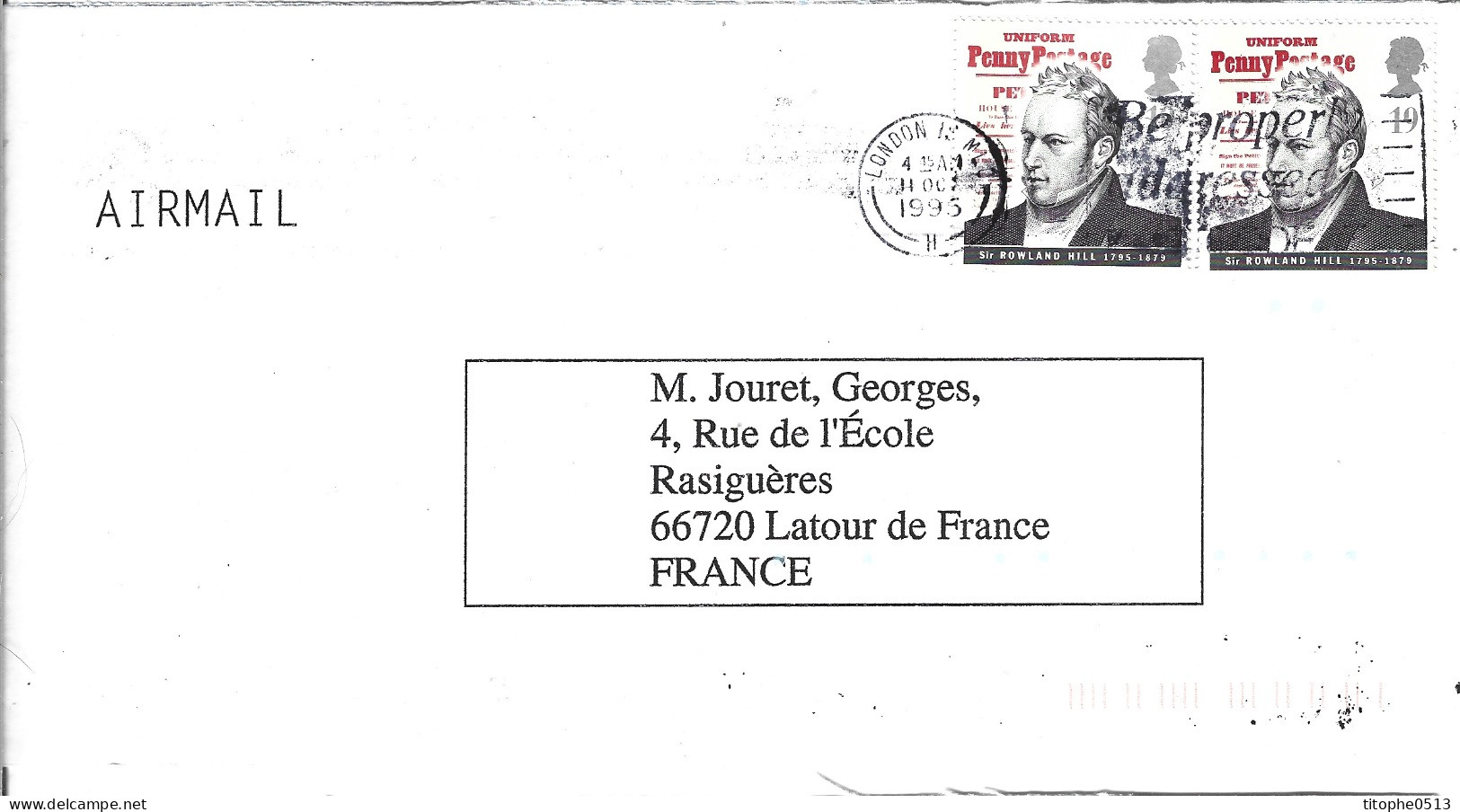 GRANDE-BRETAGNE. N°1833-4 De 1995 Sur 2 Enveloppes Ayant Circulé. Rowland Hill. - Rowland Hill