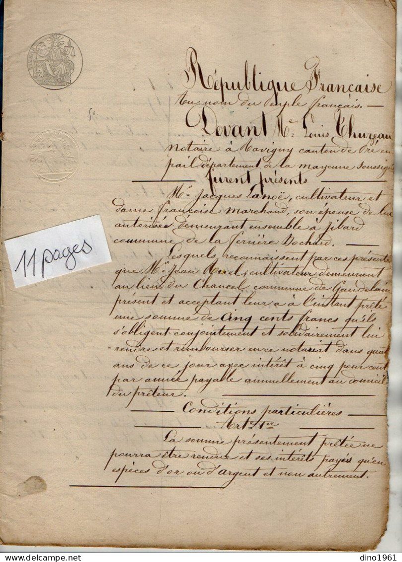 VP21.960 - RAVIGNY - Acte De 1850 - Obligation Par Mr & Mme J. LANOË à LA FERRIERE - BOCHARD à Mr J. RUEL à GANDELAIN - Manuscrits