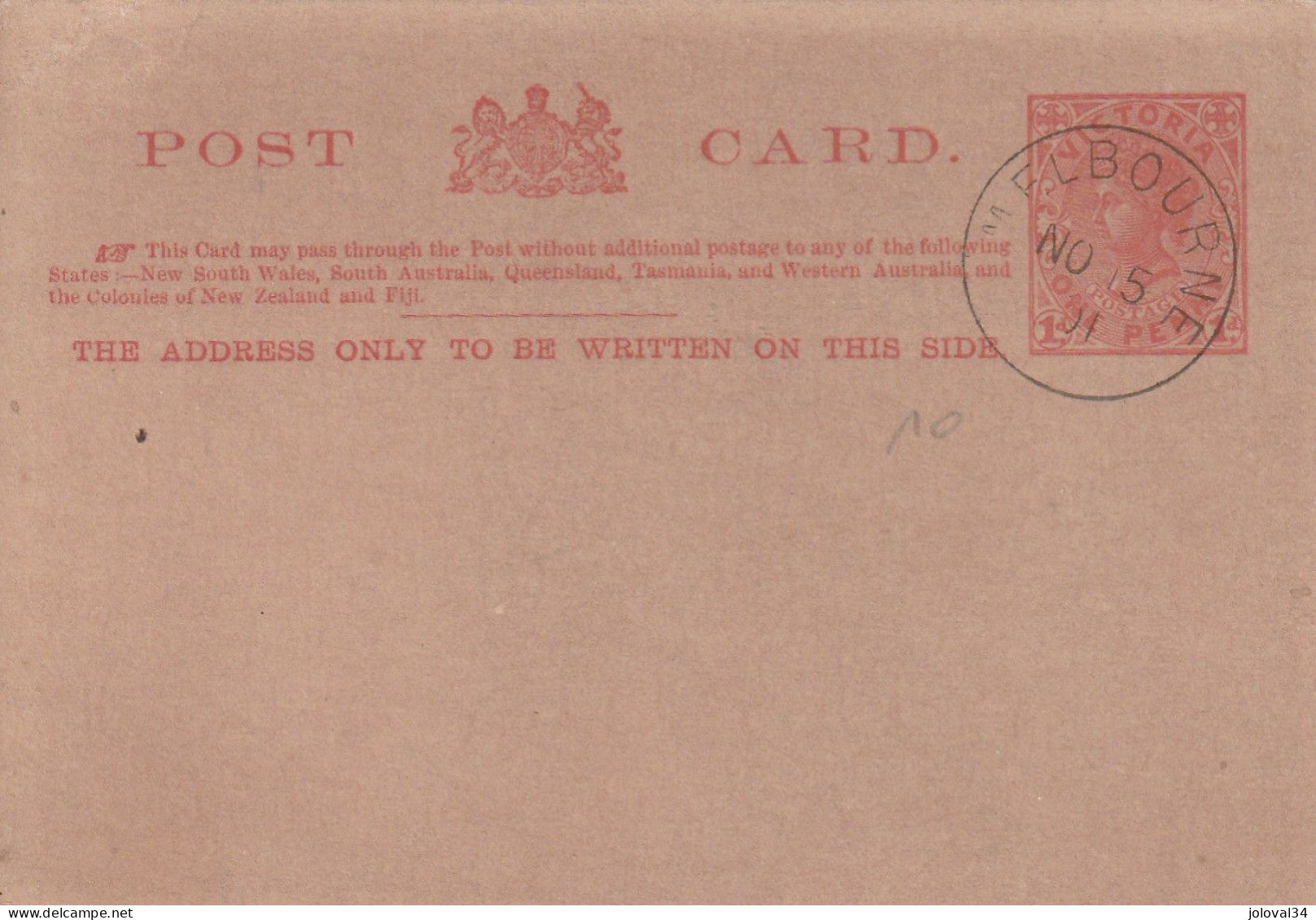Australie Victoria Entier Carte Postale One Penny Cachet MELBOURNE NO 15 - 1901 - Brieven En Documenten