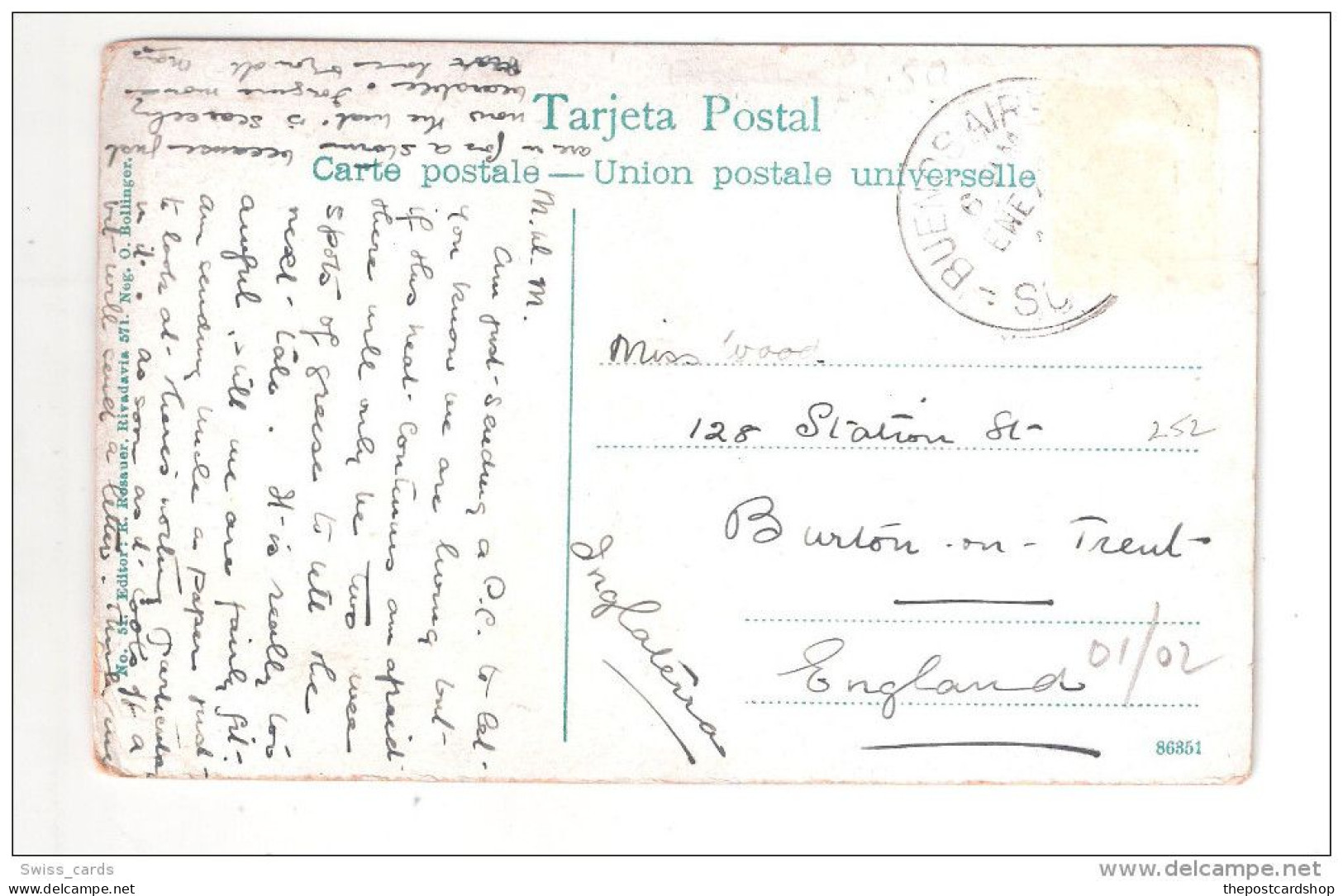 Argentina Tigre Provincia Buenos Aires Stamp Removed TO MISS WOOD 128 STATION STREETVBURTON ON TRENT - Argentine