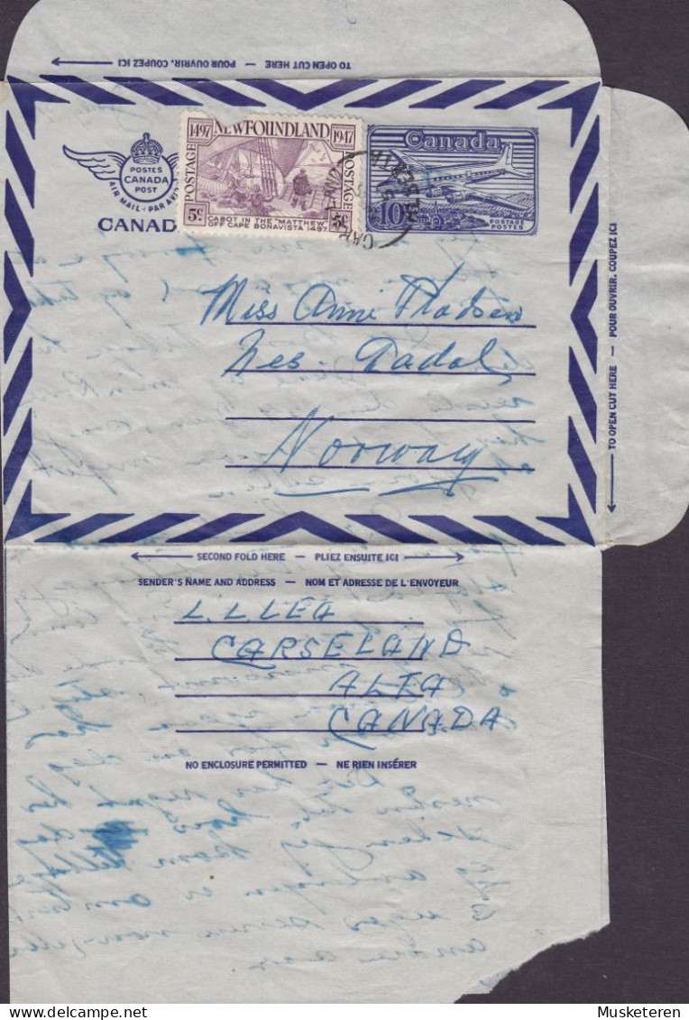 Canada Uprated (New Foundland Stamp) Postal Stationery Ganzsache Entier CARSELAND Alberta 1951 To Norway - 1903-1954 Rois