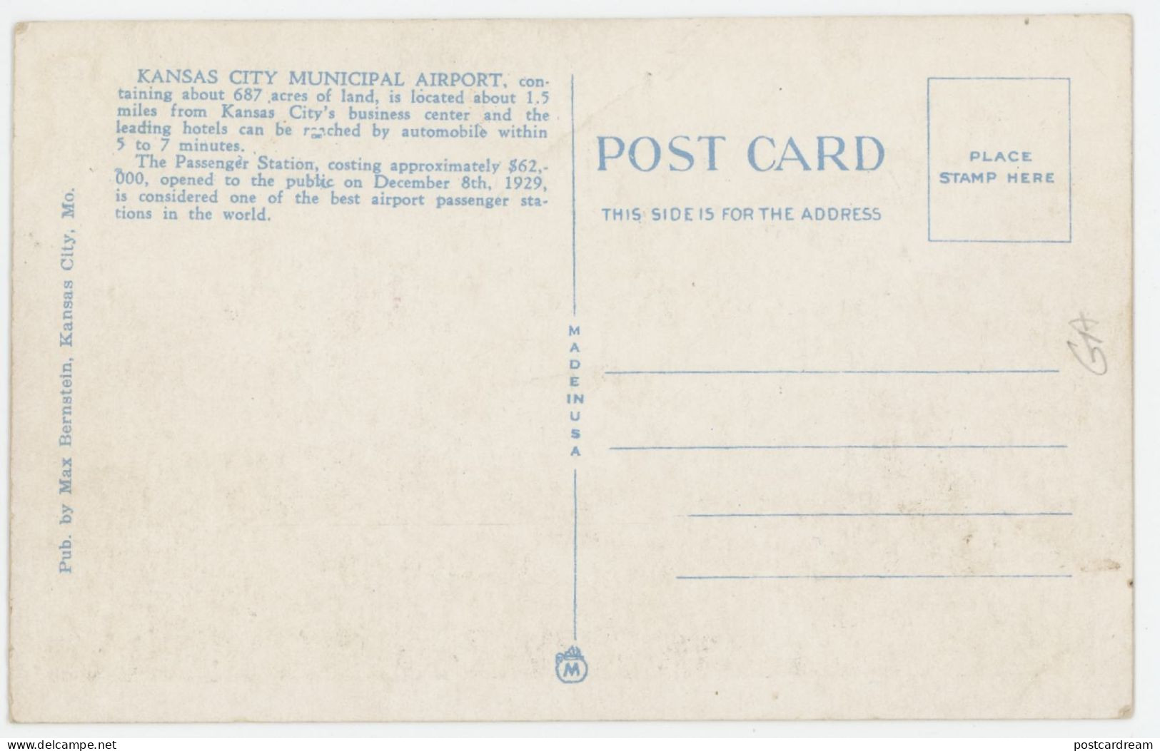 1932 MISSOURI POSTCARD: PASSENGER STATION, KANSAS CITY, MUNICIPAL AIRPORT, MO - Kansas City – Missouri