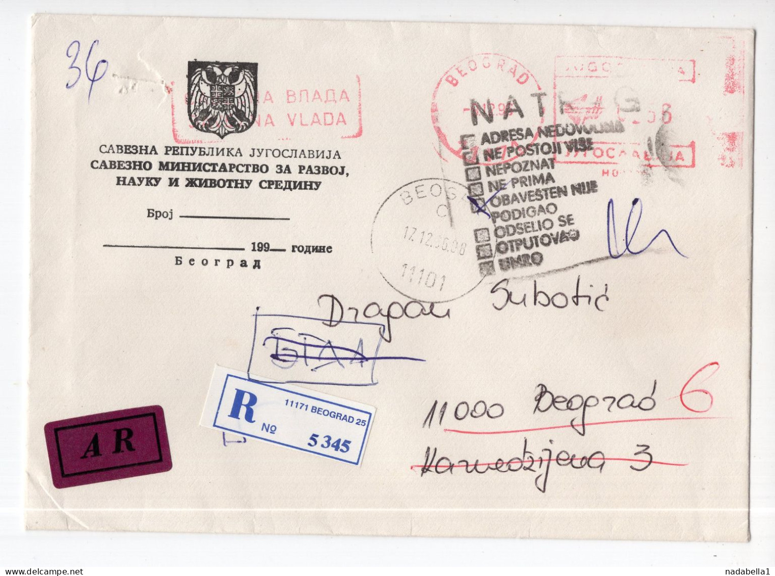 1996. YUGOSLAVIA,SERBIA,BELGRADE,AR RECORDED COVER,RETURNED,NOT COLLECTED,SCIENCE MINISTRY HEADED COVER - Covers & Documents