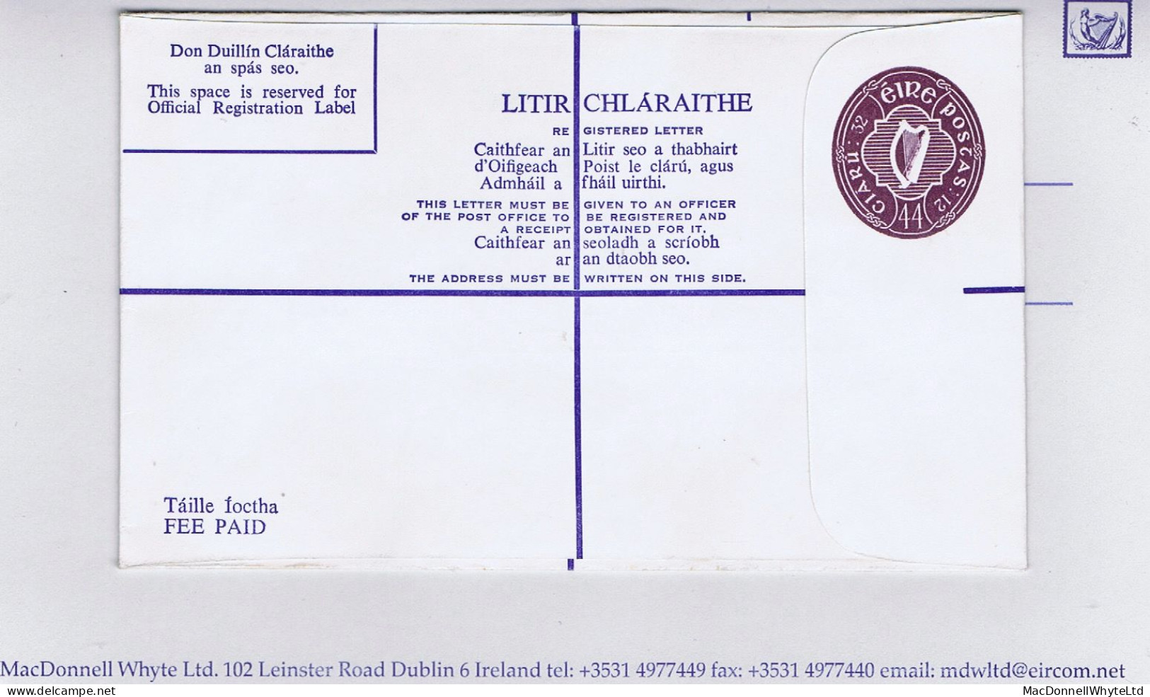 Ireland Registered Envelopes 1980 44p Violet Size G, Compensation £50/£6.35, Fresh Mint - Ganzsachen