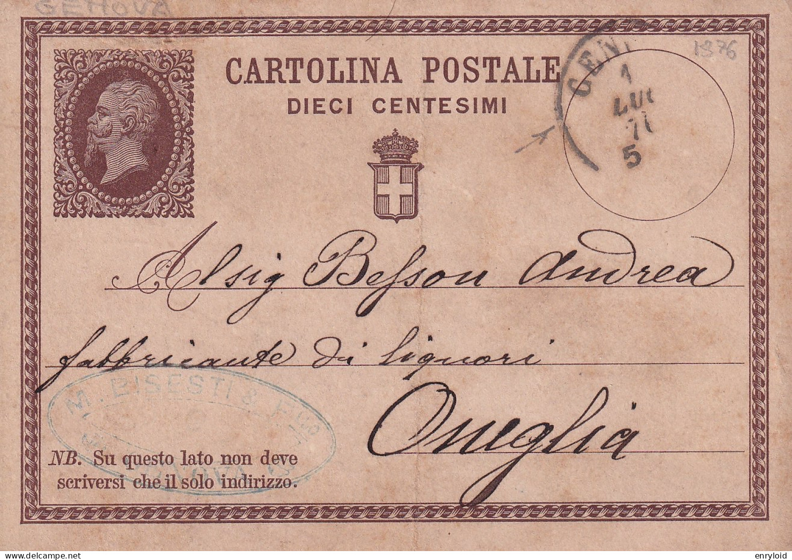 1876 Intero Postale 10 C. Viaggiata Da Genova Per Oneglia  1.7.1876 - Entiers Postaux