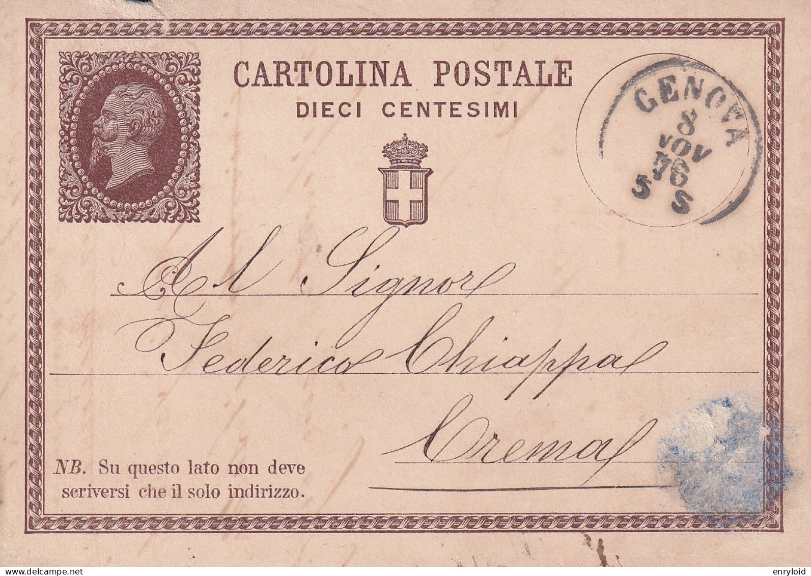 1876 Intero Postale 10 C. Viaggiata Da Genova Per Crema 8.11.1876 - Entiers Postaux