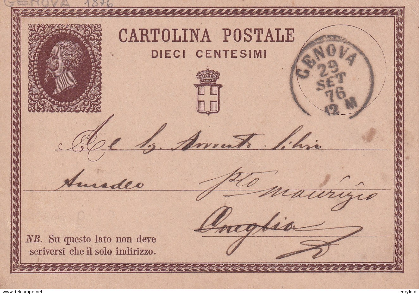 1876 Intero Postale 10 C. Viaggiata Da Genova Per Oneglia 13.07.1876 - Stamped Stationery