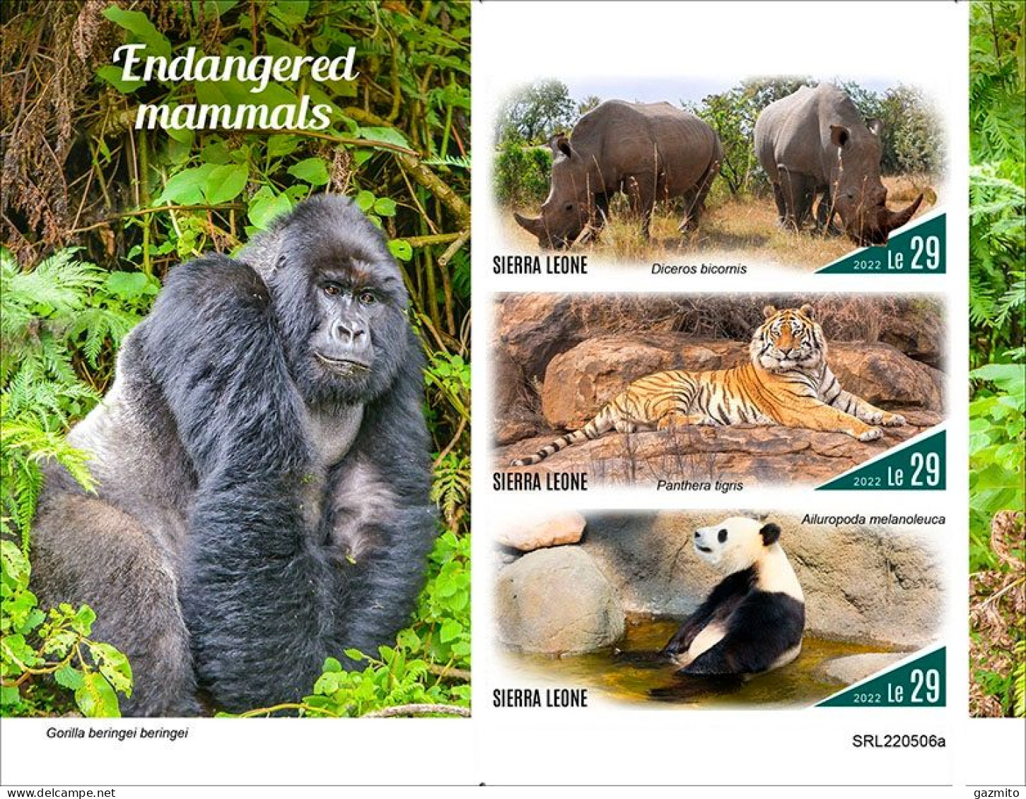 Sierra Leone 2022, Animals, Gorilla, Rhino, Tiger, Panda, 3val In BF IMPERFORATED - Gorilles