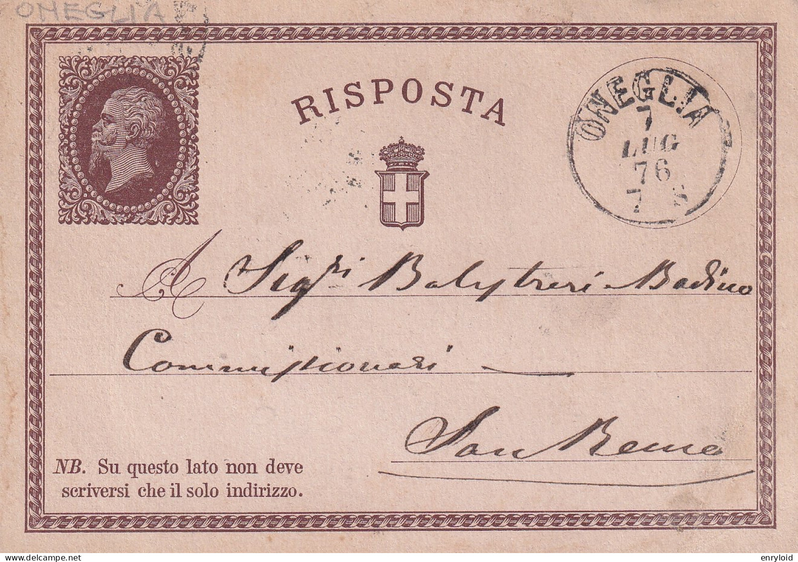 1876 Intero Postale Risposta Viaggiata Da Oneglia Per San Remo 07.07.1876 - Postwaardestukken