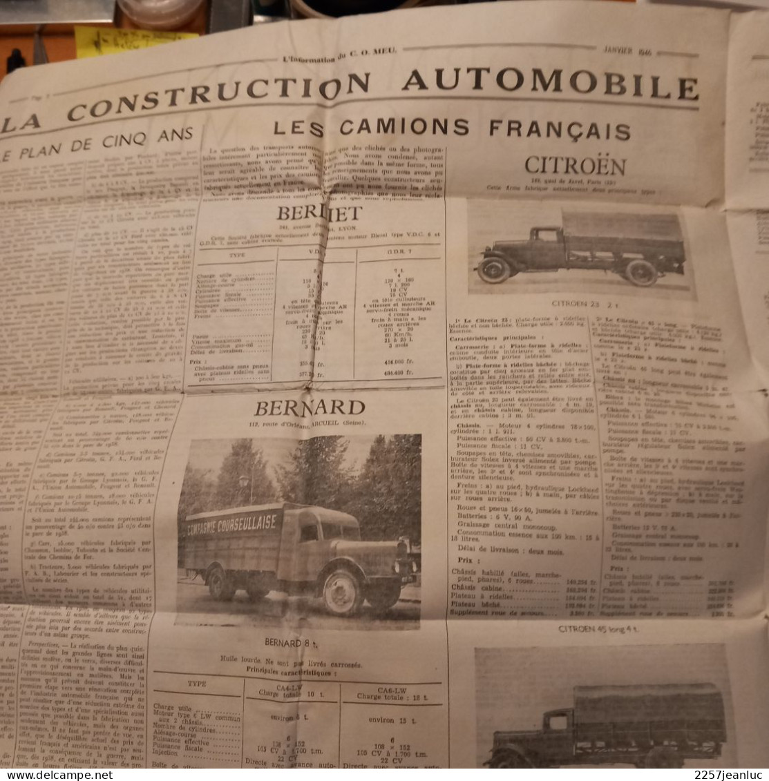 Rare  Documentation Construction Et Plan à 5 Ans Des Camions Français Sur Bulletin Des Meuniers  N: 41 De Janvier 1946 - Camion