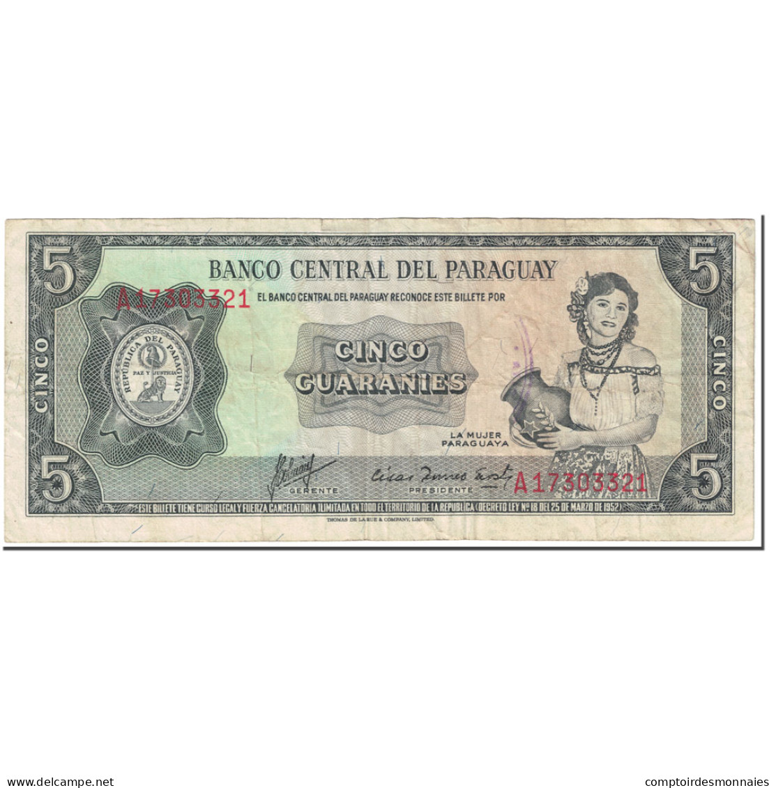 Billet, Paraguay, 5 Guaranies, 1963, Undated (1963), KM:195b, TB - Paraguay