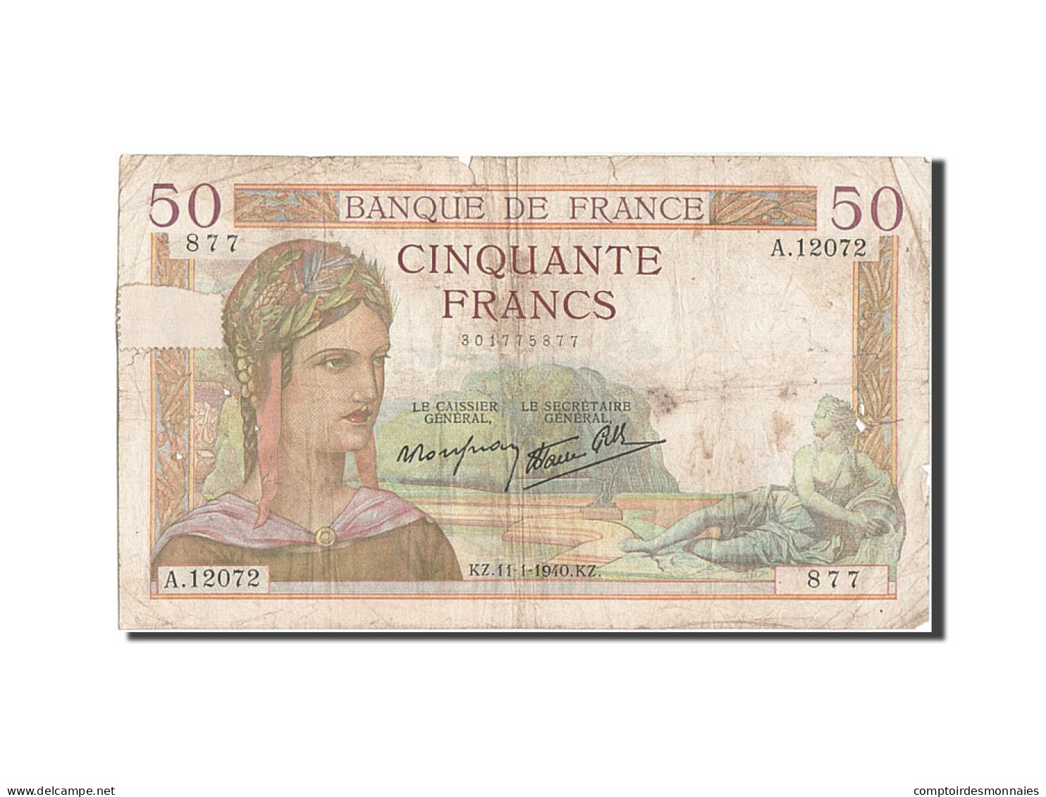 Billet, France, 50 Francs, 50 F 1934-1940 ''Cérès'', 1940, 1940-01-11, TB - 50 F 1934-1940 ''Cérès''