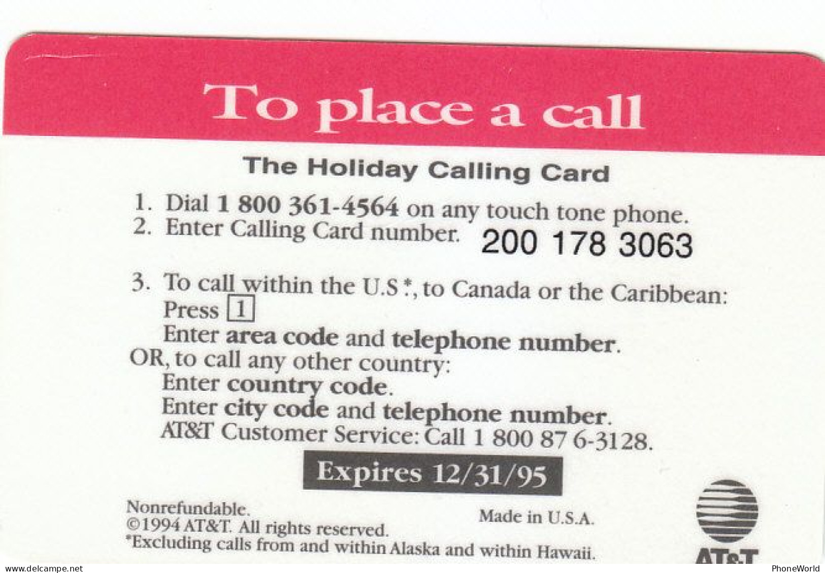 USA, AT&T 1994, Holiday Calling Card, Christmas & Reindeer, Earlier Phonecard, RRR - AT&T