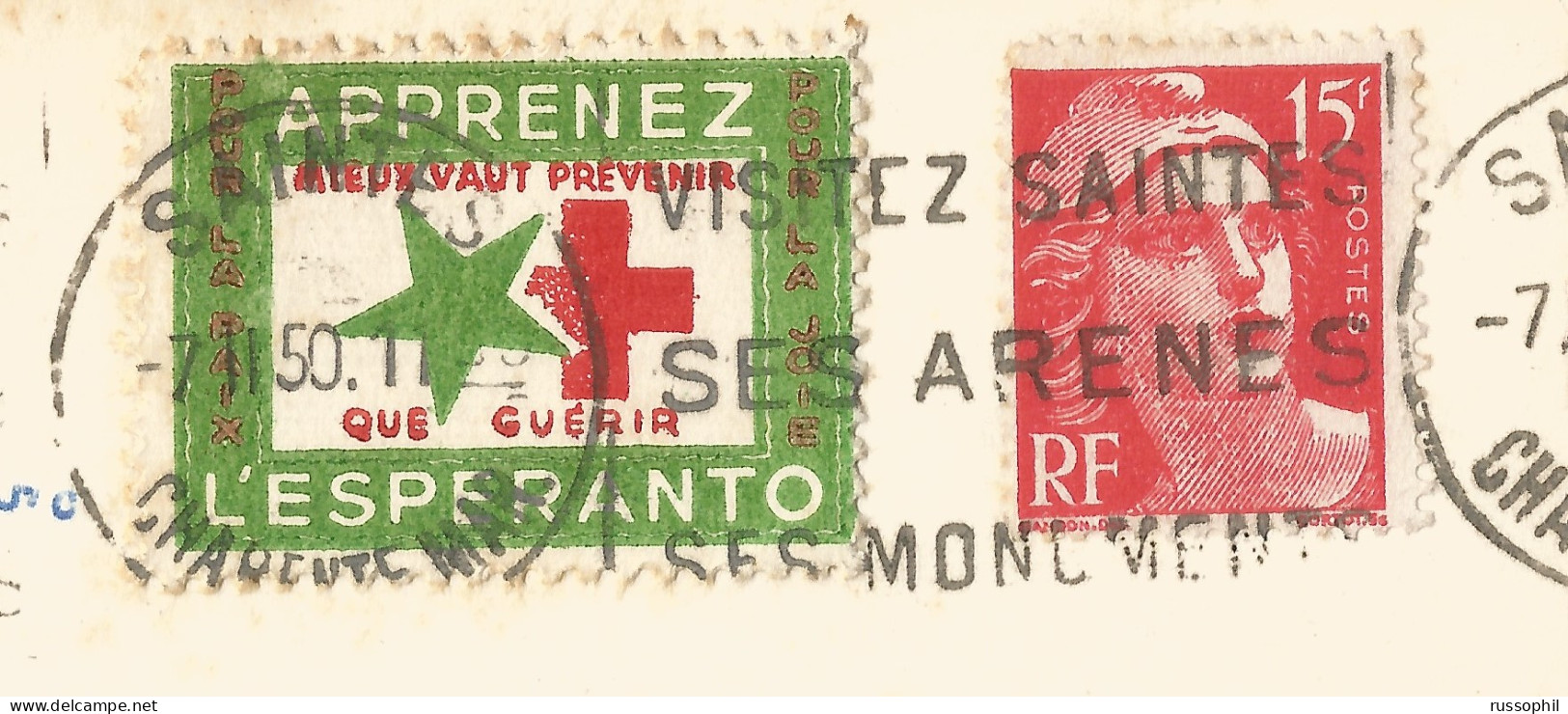 ESPERANTO -  POSTALLY CANCELLED VIGNETTE "APPRENEZ L'ESPERANTO" ON PC {VIEW OF SAINTES) TO BELGIUM - 1950 - Esperanto