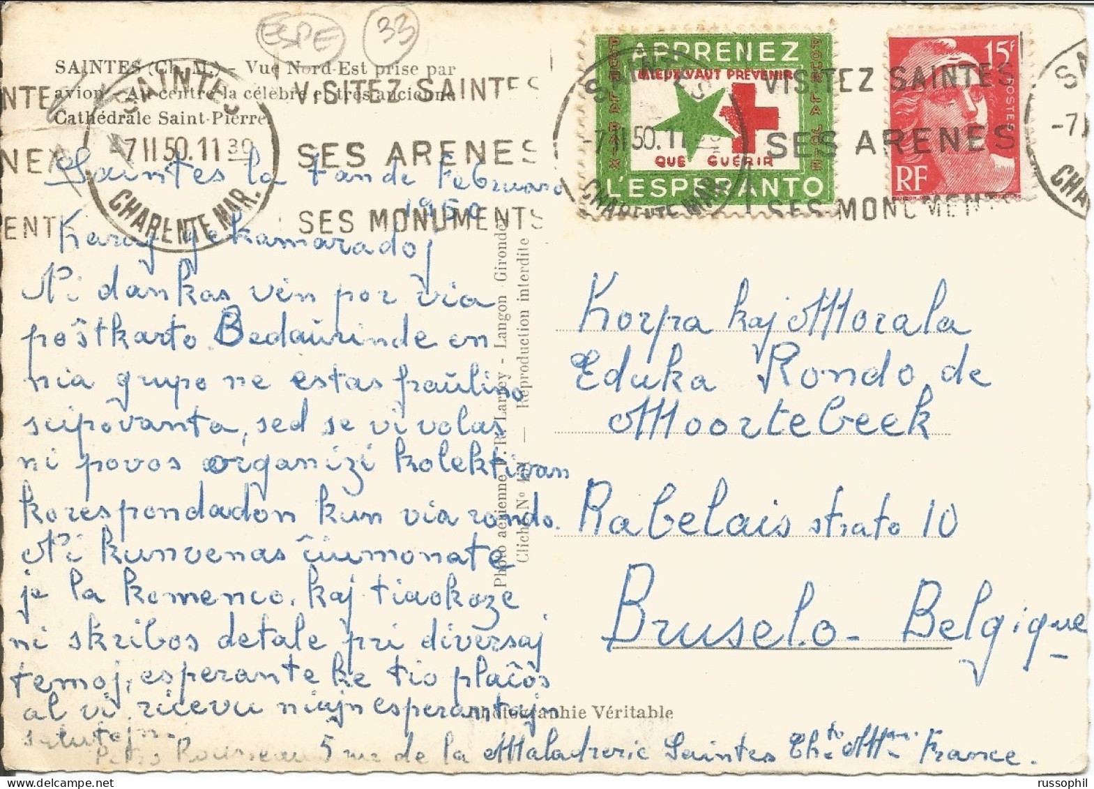 ESPERANTO -  POSTALLY CANCELLED VIGNETTE "APPRENEZ L'ESPERANTO" ON PC {VIEW OF SAINTES) TO BELGIUM - 1950 - Esperanto