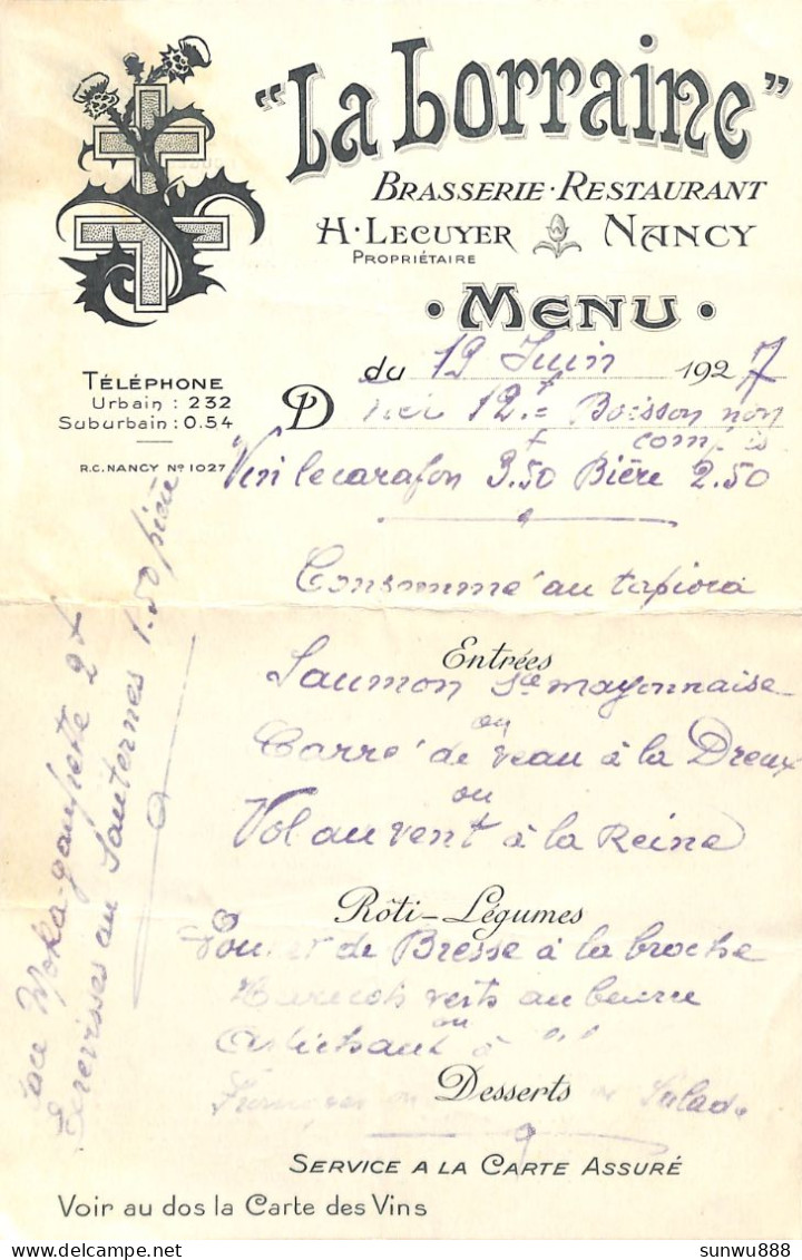 Menu Nancy Brasserie La Lorraine Restaurant 1927 + Carte Des Vins Au Dos - Menus