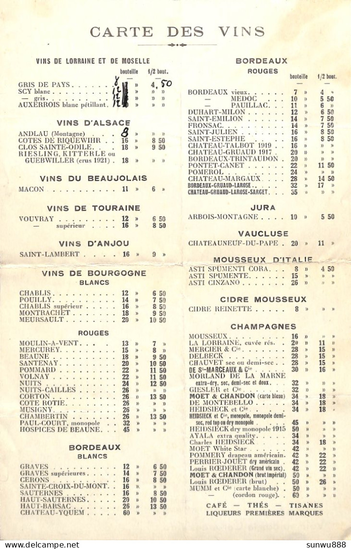 Menu Nancy Brasserie La Lorraine Restaurant 1927 + Carte Des Vins Au Dos - Menu