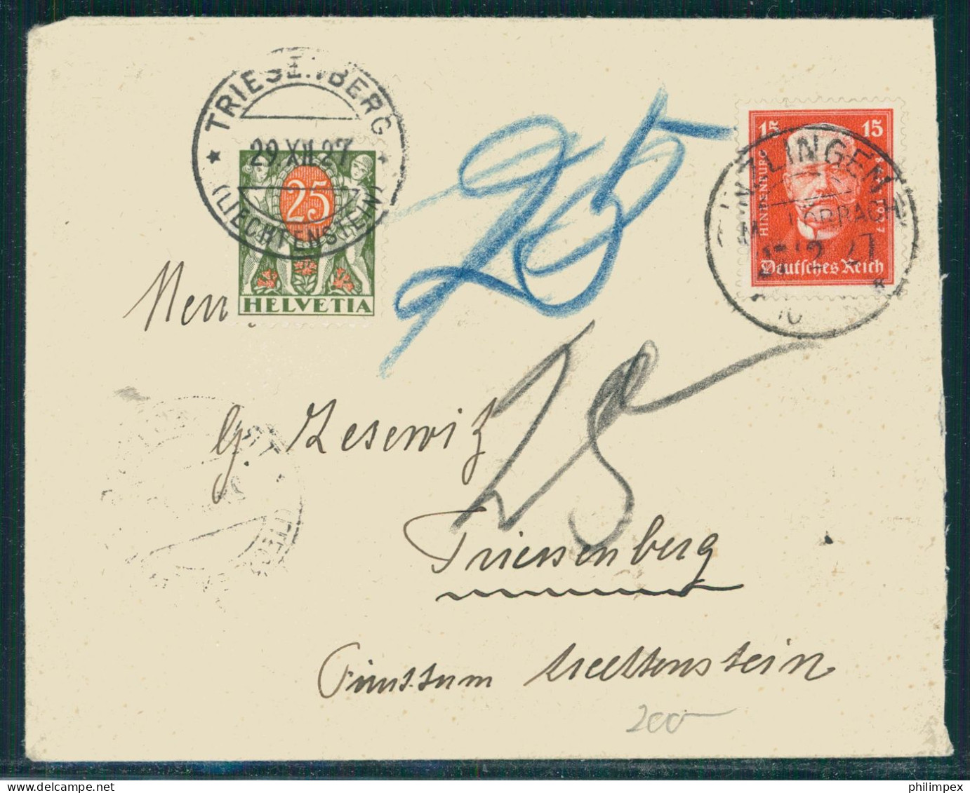 LIECHTENSTEIN, SWISS POSTAGE DUE 25 CENTIMES ON UNDERFRANKED COVER FROM GERMANY- Rare! - Portomarken