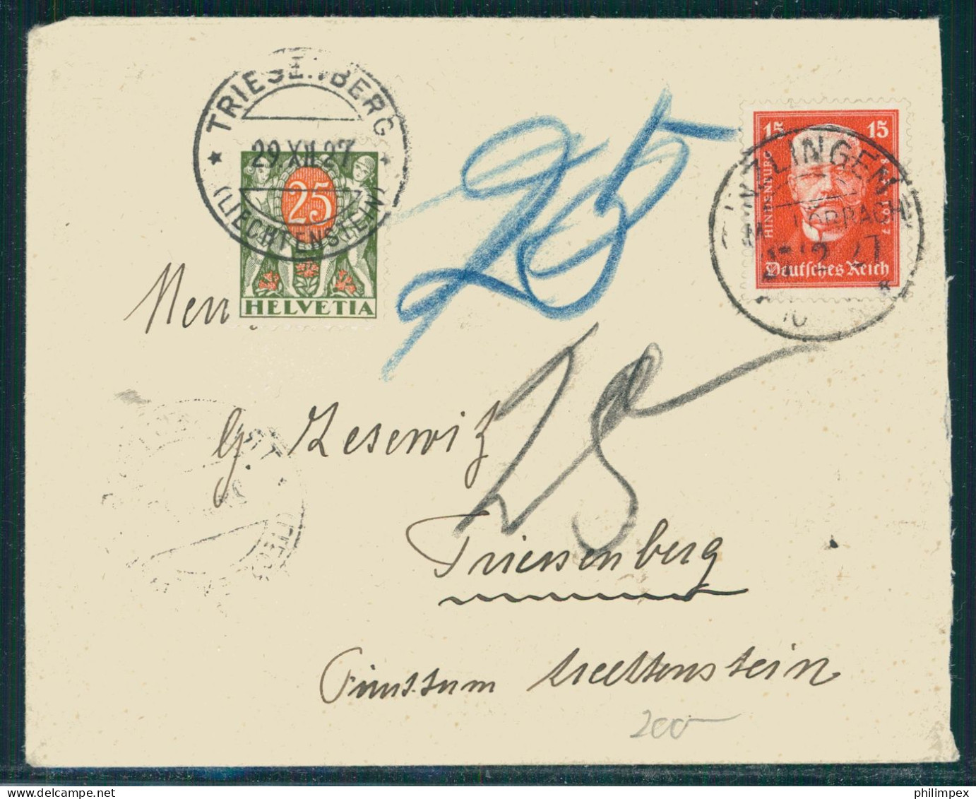 LIECHTENSTEIN, SWISS POSTAGE DUE 25 CENTIMES ON UNDERFRANKED COVER FROM GERMANY- Rare! - Taxe