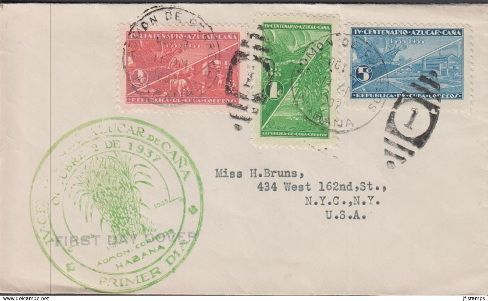 1937. CUBA Sugar Industry. Complete Set On Fine Small FDC Cover To USA Cancelled First Da... (Michel 128-130) - JF438267 - Nuevos