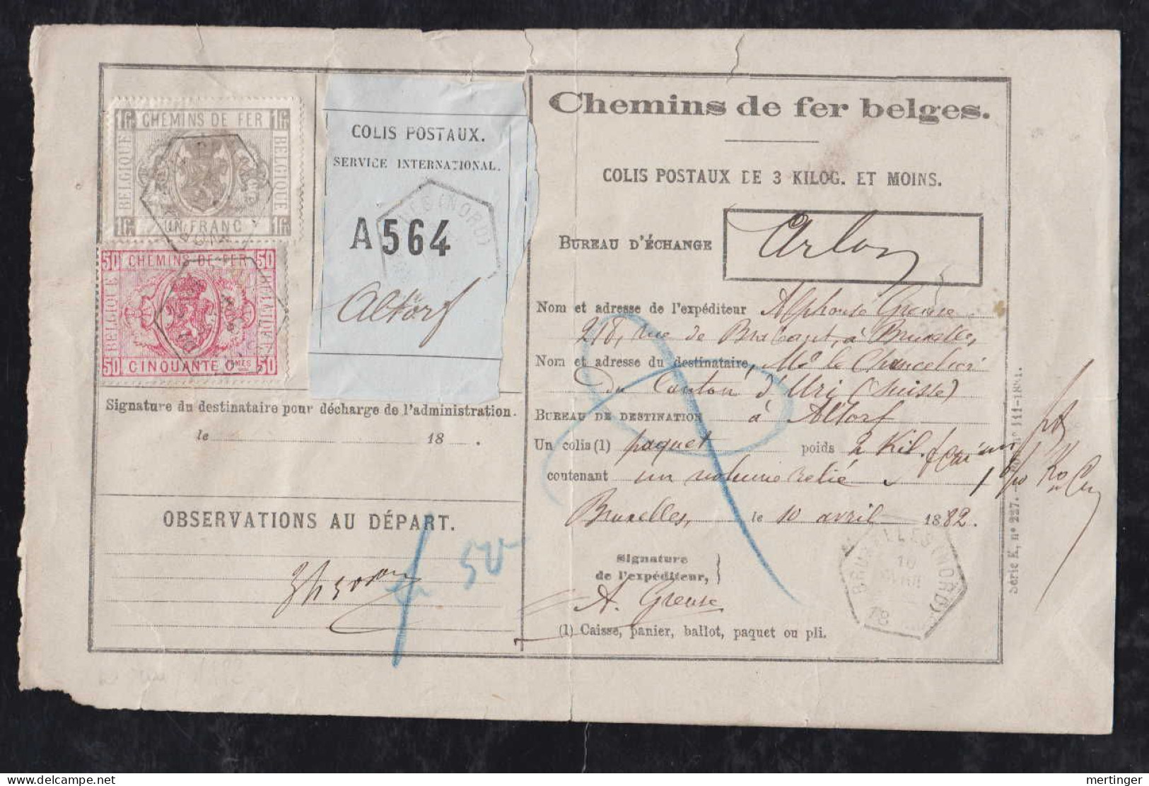 Belgium 1882 Colis Postaux Chemins De Fer Railway Parcle Card BRUXELLES To Switzerland Via METZ France Germany - Documentos & Fragmentos