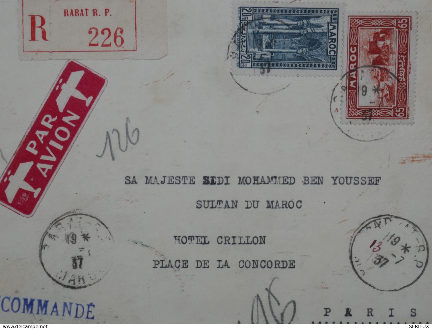 BR18 MAROC  LETTRE DEVANT  RARE A L HOTEL CRILLON PARIS 1937 RABAT  AU SULTAN BEN YOUSSEF PARIS ++AFF. PLAISANT+ - Storia Postale
