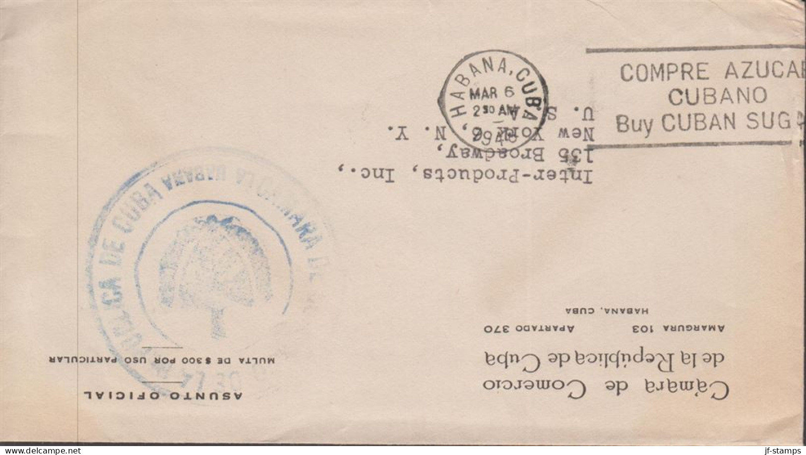 1948. CUBA. Interesting Official Cover ASUNTO OFFICIAL From Camara De Comercio De La Republica De Cuba To ... - JF438165 - Briefe U. Dokumente