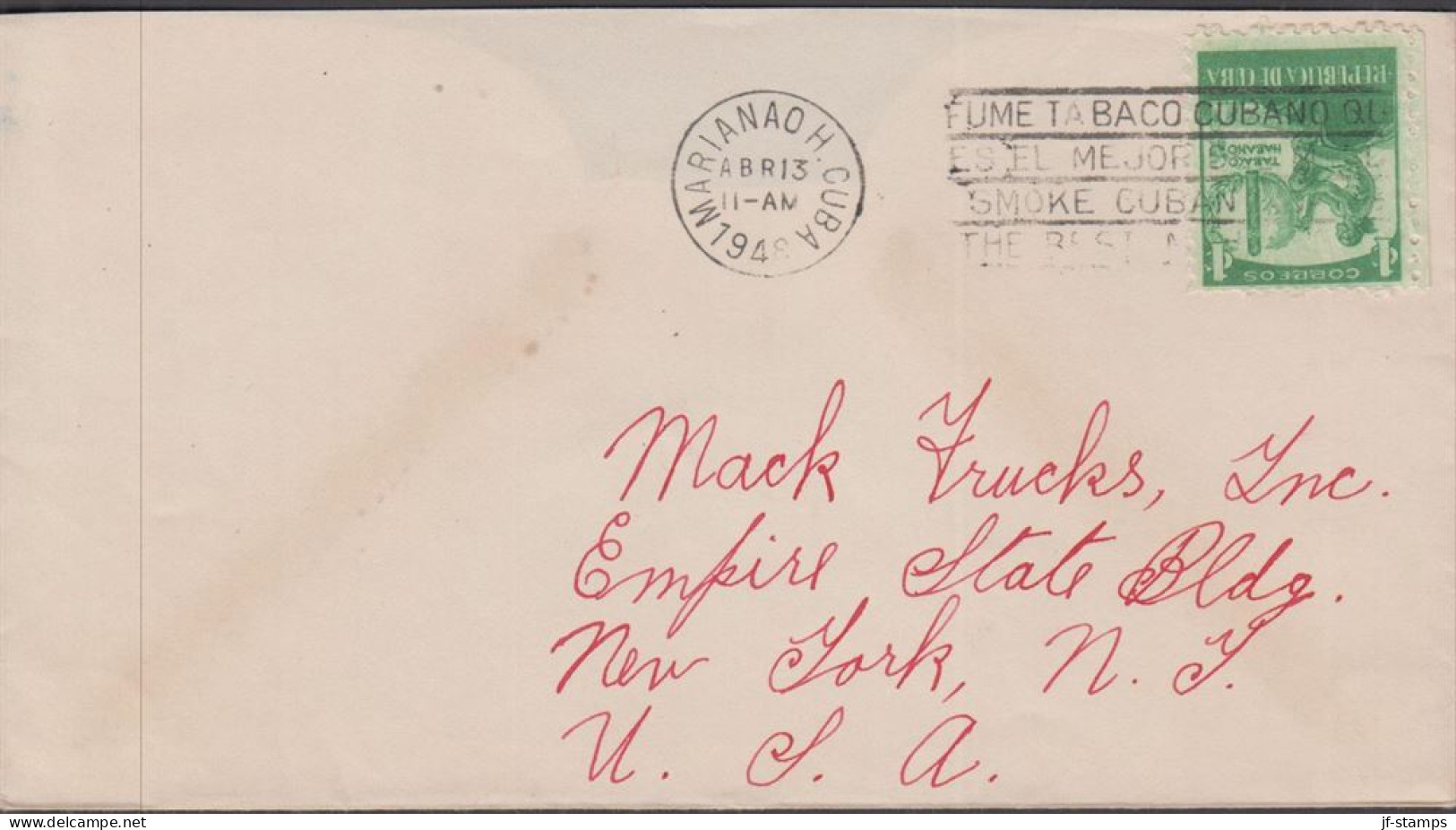 1948. CUBA. Fine Cover To USA With 1 C Cuban Cigars Cancelled MARIANAOH CUBA ABR 13 1948 SMOK... (Michel 158) - JF438174 - Lettres & Documents