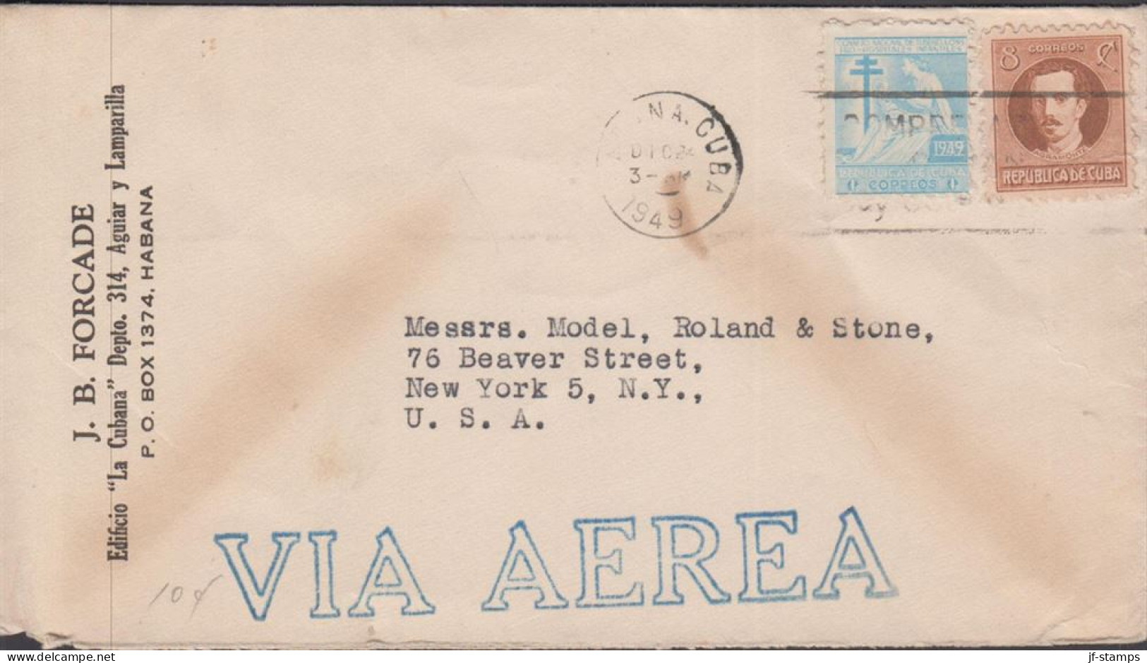 1949. CUBA. Cover VIA AEREA To USA With 8  C AGRAMONTE + 1 C Hospitals Cancelled HABANA, CUBA... (Michel 52+) - JF438177 - Storia Postale