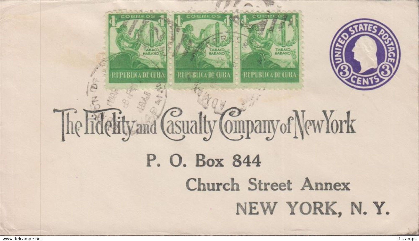 1940. CUBA. Fine US 3 CENTS Envelope To The Fidelity And Casualty Company Of New York. USA Wi... (Michel 158) - JF438247 - Lettres & Documents