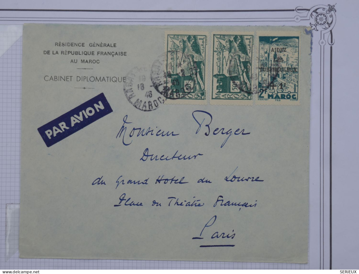 BR18 MAROC  BELLE LETTRE  RARE CABINET DIPLOMATIQUE DE RABAT 1948  HOTEL DU LOUVRE PARIS FRANCE  ++AFF. INTERESSANT+ - Storia Postale