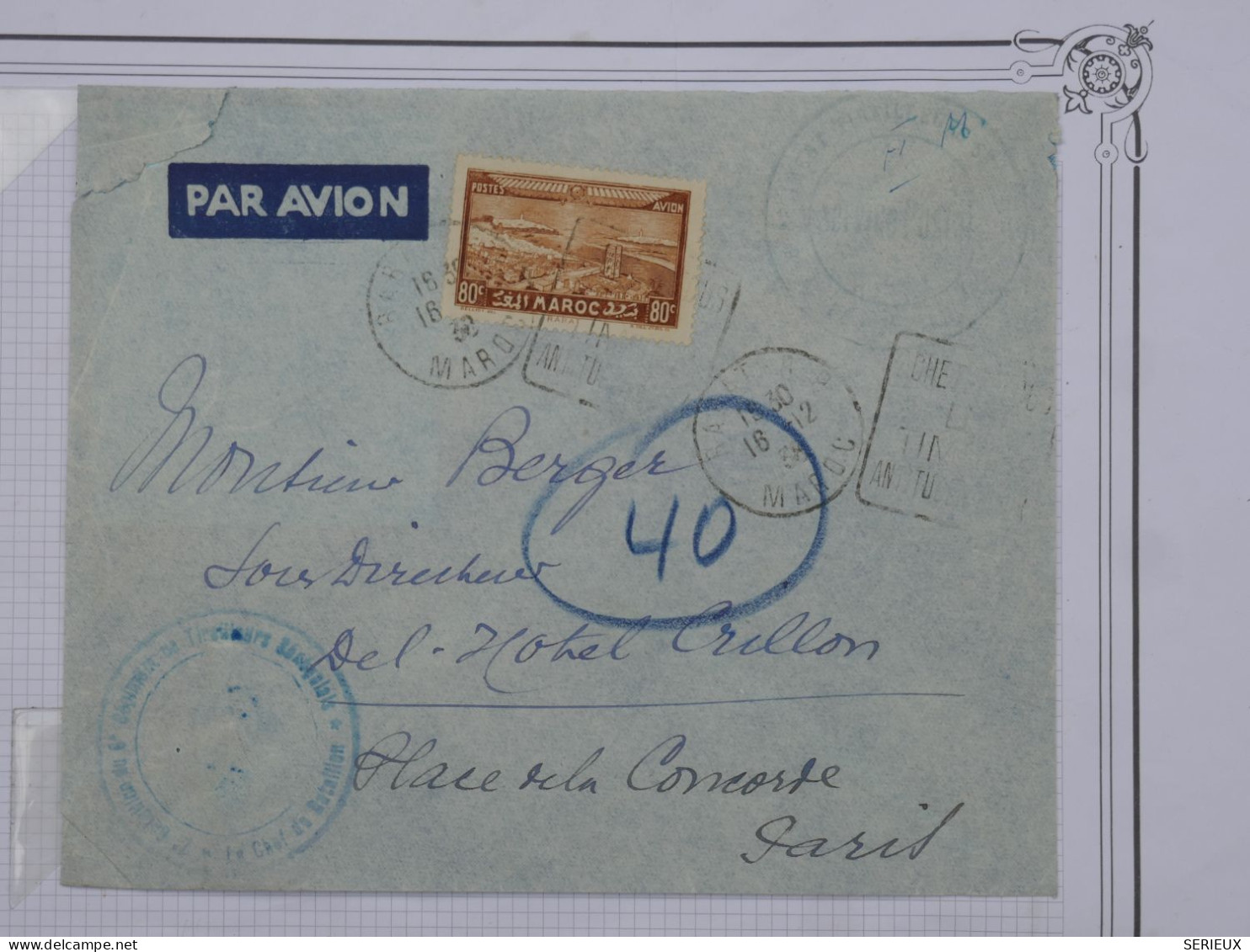 BR18 MAROC  BELLE LETTRE  A L HOTEL CRILLON PARIS 1938 PARIS ++AFF. PLAISANT+ - Brieven En Documenten