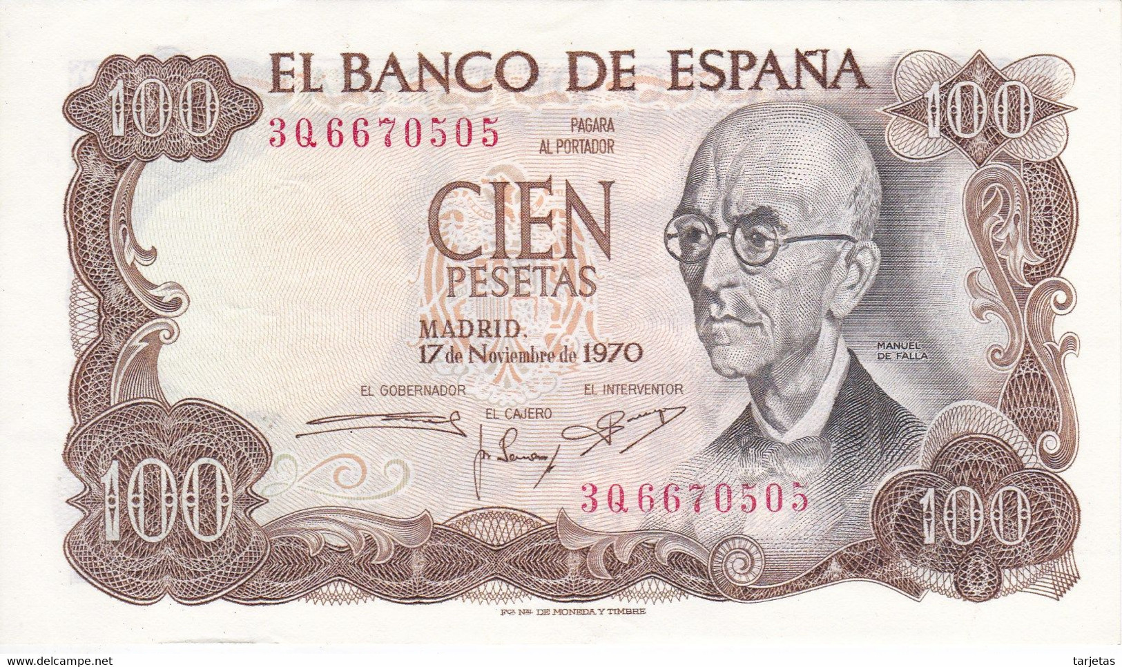 BILLETE DE 100 PTAS DEL AÑO 1970 SERIE 3Q EN CALIDADE BC (XF) (BANK NOTE) MANUEL DE FALLA - 100 Pesetas